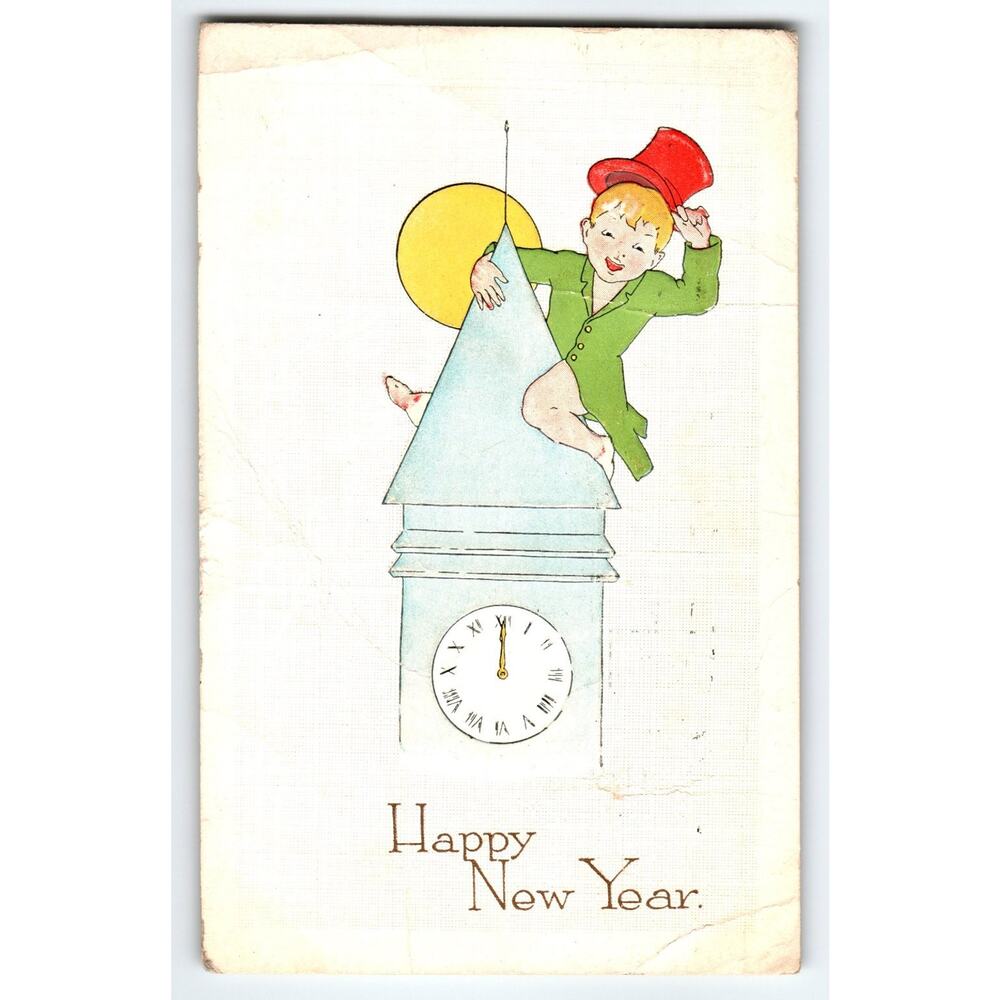 Vintage 1914 New Year Postcard Boy on Clock Tower Fairman Co.